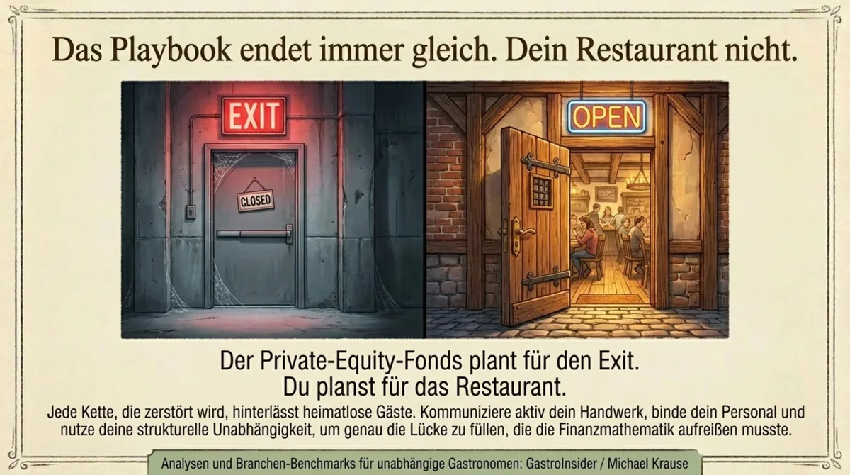 Private-Equity-Fazit: geschlossene Restaurantketten neben offenen unabhängigen Lokalen als struktureller Kontrast