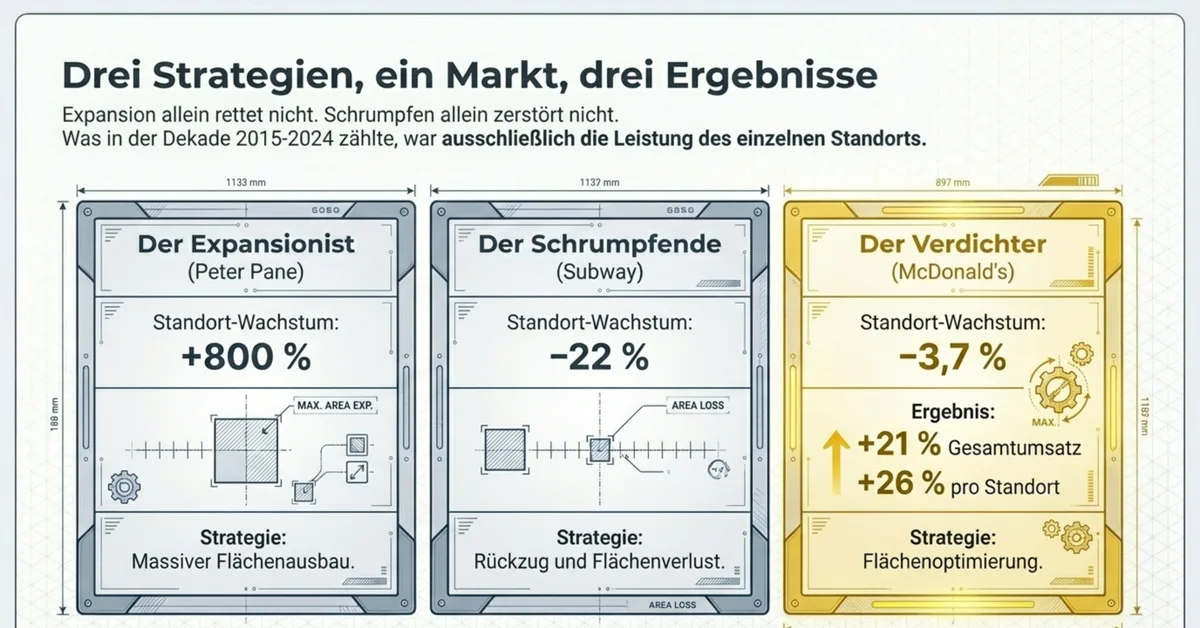 Restaurantketten Deutschland Strategievergleich 2015–2024: Peter Pane +800 Prozent Expansion, Subway −22 Prozent Schrumpfen, McDonald's −3,7 Prozent Standorte bei +21 Prozent Umsatz
