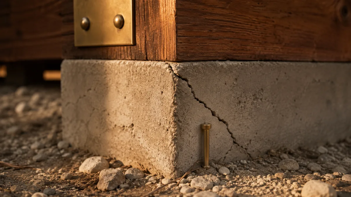 Riss in einem Betonfundament mit eingeschlagenem Messing-Vermessungsstift