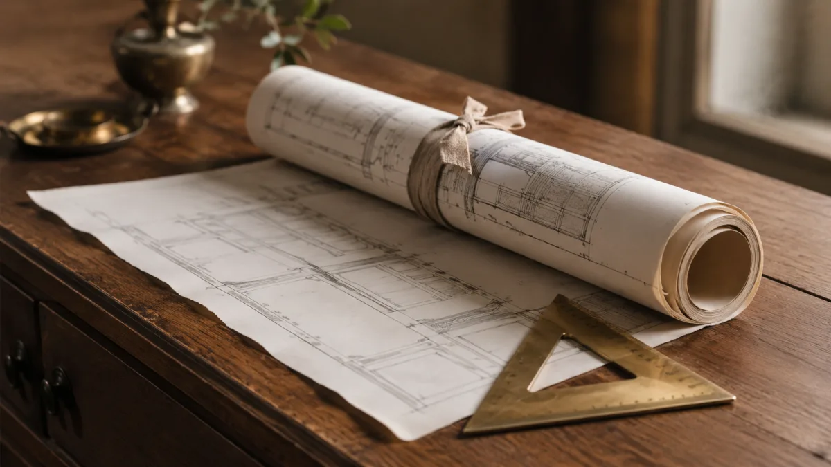 Zusammengerollter Bauplan mit Leinenband neben einem Messing-Winkel
