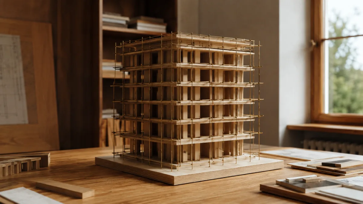 Architekturmodell mit Messinggerüst, alle Geschosse identisch gebaut