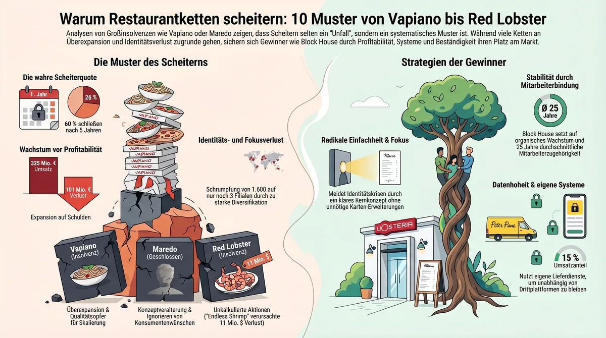 Infografik: Warum Restaurantketten scheitern – 10 Muster von Vapiano bis Red Lobster mit Gewinner-Strategien