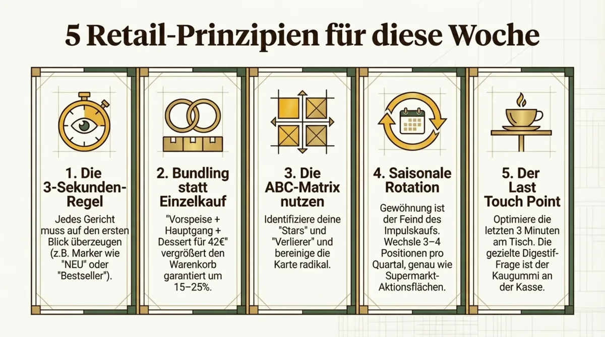 5 Retail-Prinzipien für Restaurants – 3-Sekunden-Regel, Bundling, ABC-Matrix, Rotation, Last Touch Point
