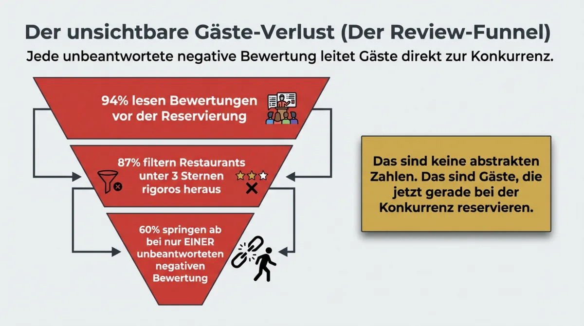Review-Funnel: 94 % lesen Bewertungen vor der Reservierung, 87 % meiden Restaurants unter 3 Sternen, 60 % springen ab bei unbeantworteter Negativbewertung