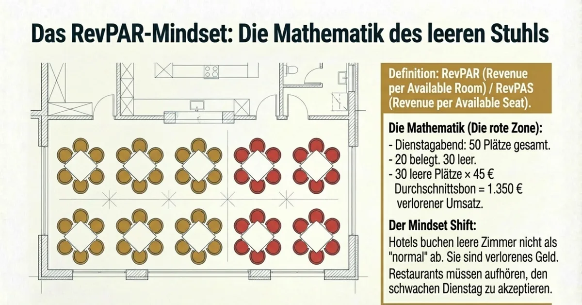 RevPAR-Mindset im Restaurant: Grundriss mit leeren Tischen – 30 leere Plätze mal 45 Euro Durchschnittsbon gleich 1.350 Euro verlorener Umsatz pro Abend