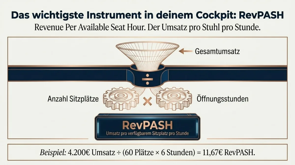 RevPASH Formel für Restaurants: Gesamtumsatz geteilt durch Sitzplätze mal Öffnungsstunden – Umsatz pro Stuhl pro Stunde