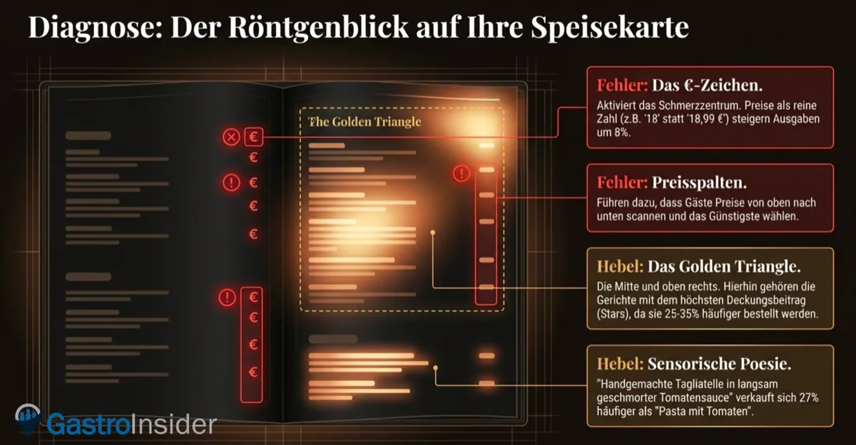 Diagnose: Der Röntgenblick auf Ihre Speisekarte — €-Zeichen aktiviert Schmerzzentrum, Preisspalten laden zum Scannen ein, Golden Triangle für Hochmargen-Gerichte, sensorische Beschreibungen steigern Bestellungen um 27%