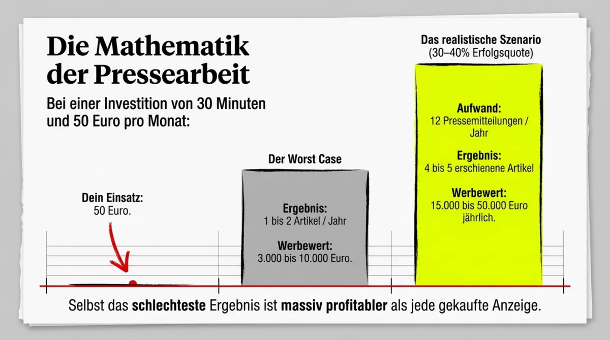 Die Mathematik der Restaurant-Pressearbeit: 50 EUR Einsatz, 15.000–50.000 EUR Werbewert jährlich – selbst der Worst Case ist profitabler als jede Anzeige
