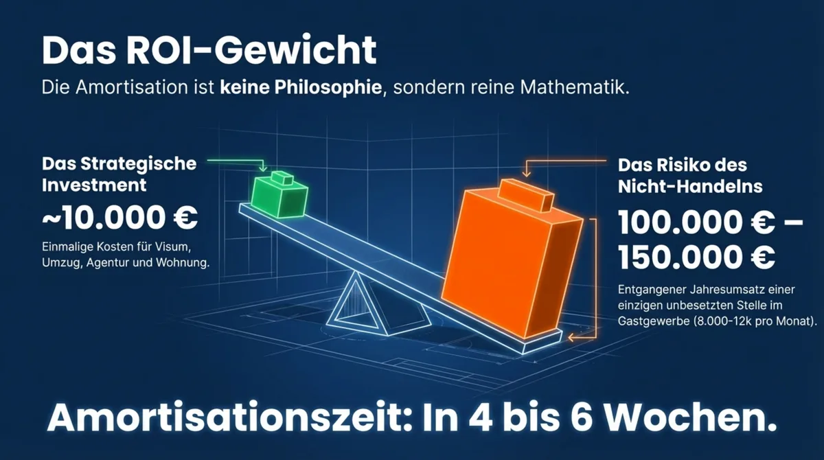 ROI Rekrutierung Ausland Gastronomie: 10.000 Euro Investition vs. 100.000 bis 150.000 Euro entgangener Jahresumsatz – Amortisation in 4 bis 6 Wochen