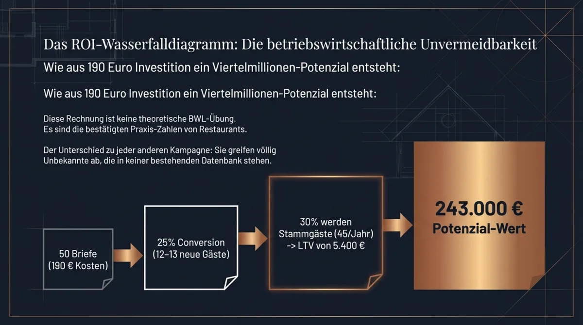 ROI-Wasserfalldiagramm New-Mover-Strategie Restaurant: 243.000 Euro Lebenszeit-Potenzial