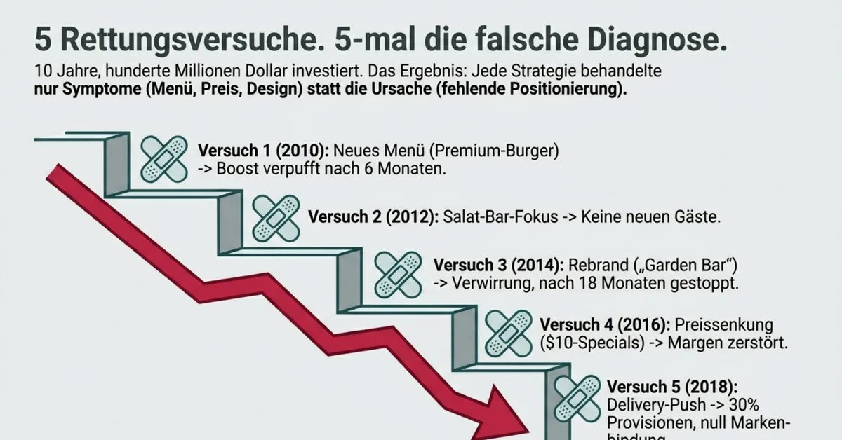 Ruby Tuesday 5 Rettungsversuche scheiterten alle: Menü 2010, Salat-Bar 2012, Rebrand 2014, Preissenkung 2016, Delivery 2018