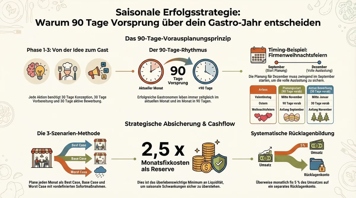 Infografik saisonale Erfolgsstrategie Restaurant: 90-Tage-Vorausplanung, 3 Szenarien und Cashflow-Puffer im Überblick