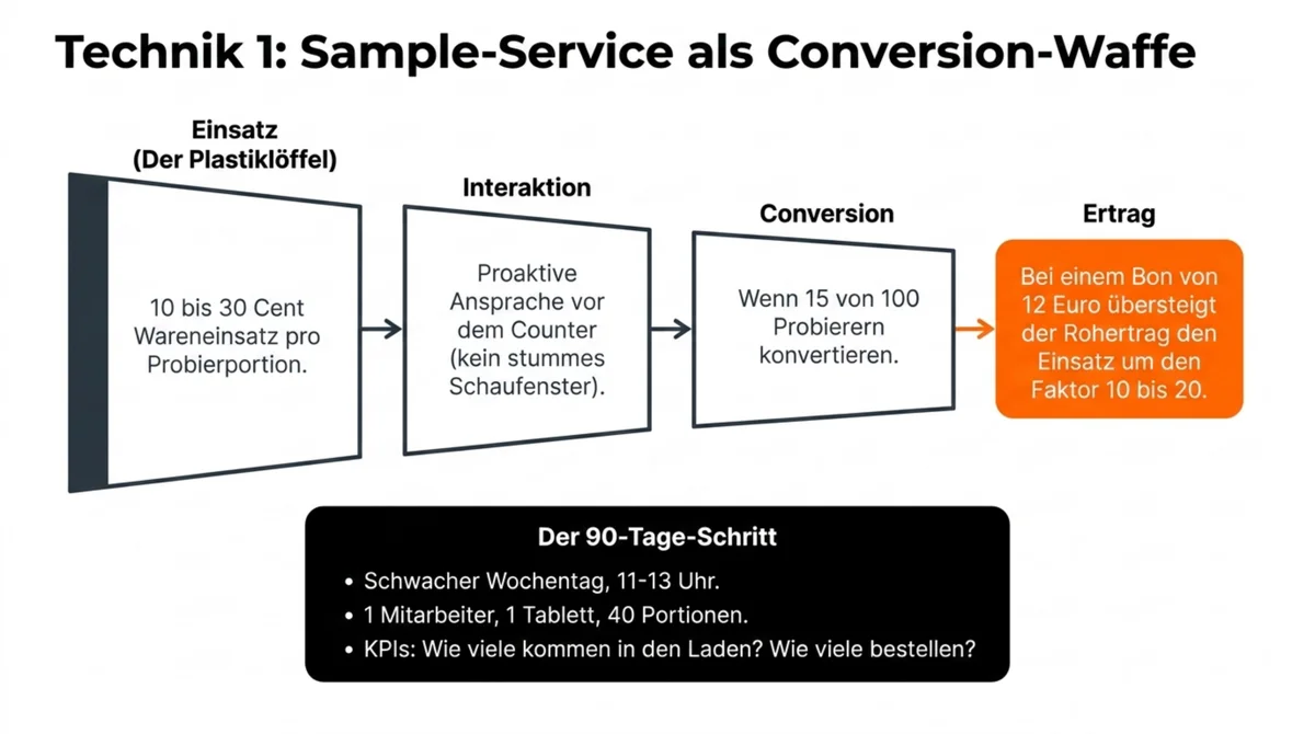 Technik 1: Sample-Service als Conversion-Waffe – Einsatz, Interaktion, Conversion und Ertrag als 90-Tage-Schritt für Restaurant-Marketing