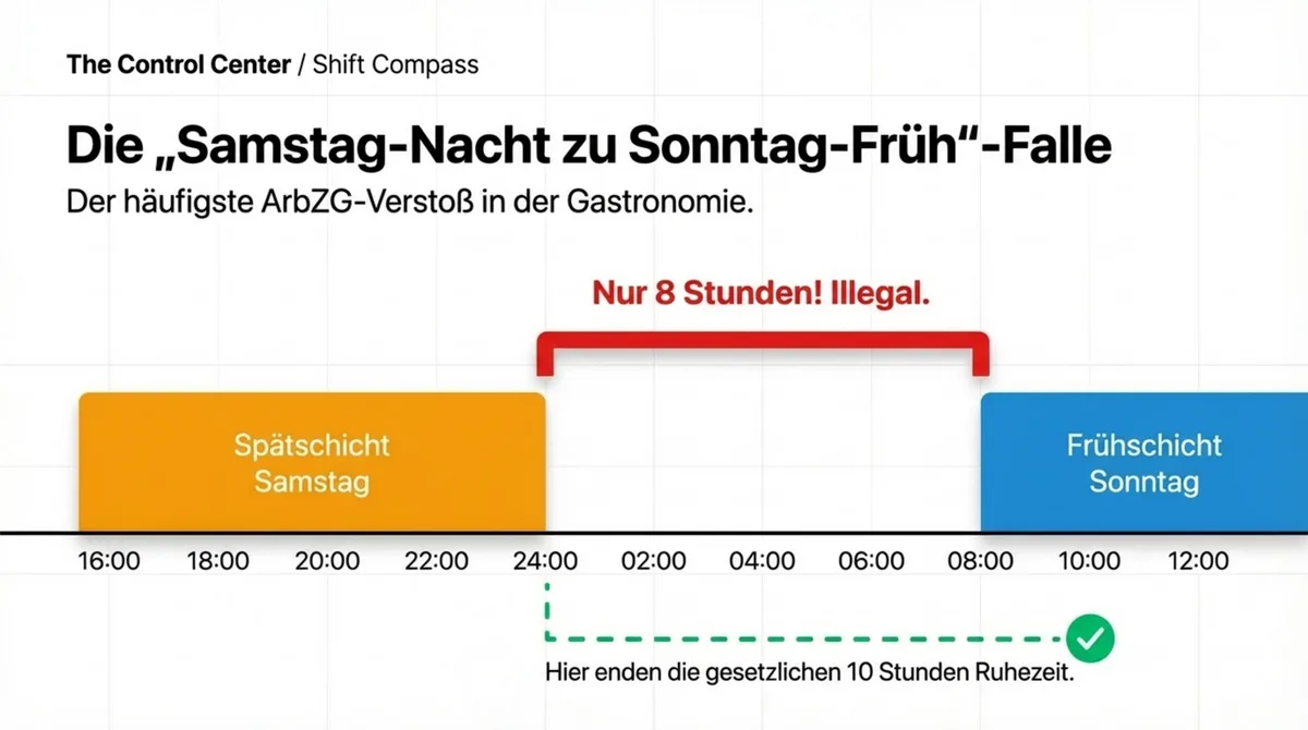 Die Samstag-Nacht zu Sonntag-Früh Falle: Nur 8 Stunden Ruhezeit — illegal. Die gesetzlichen 10 Stunden enden erst um 10 Uhr