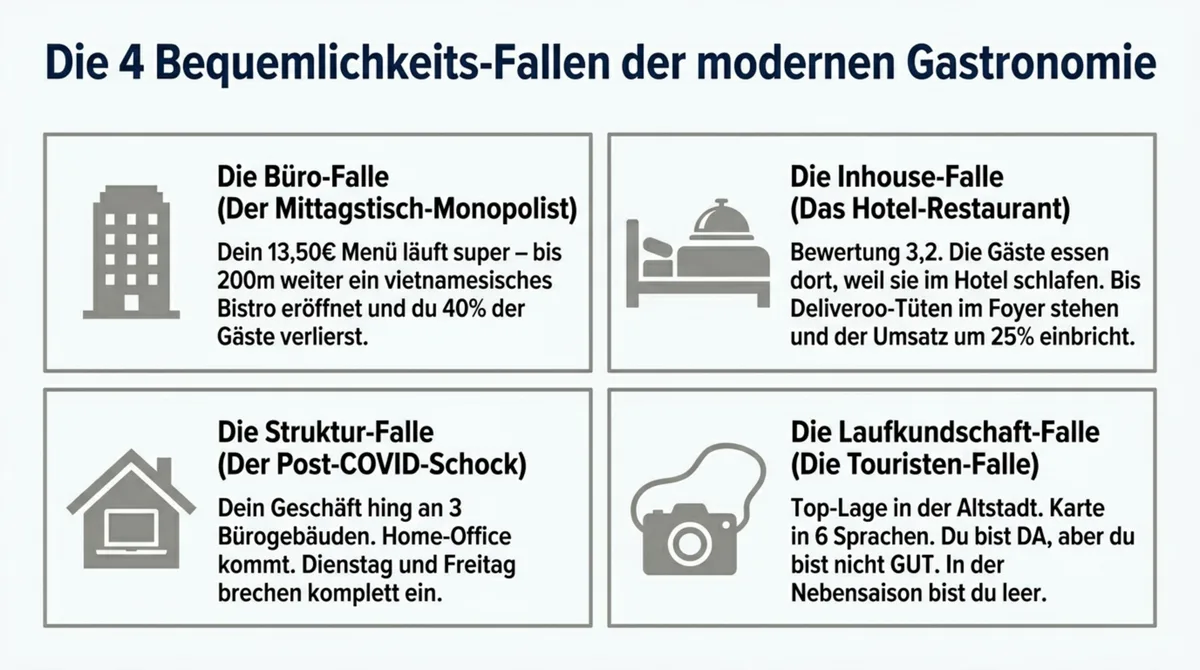 Die 4 Bequemlichkeits-Fallen in der Gastronomie: Büro, Hotel, Post-COVID, Touristen