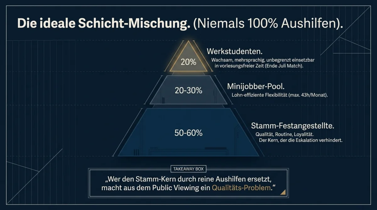 Schicht-Mix Pyramide: Stamm-Festangestellte 50-60 Prozent, Minijobber-Pool 20-30 Prozent, Werkstudenten 20 Prozent