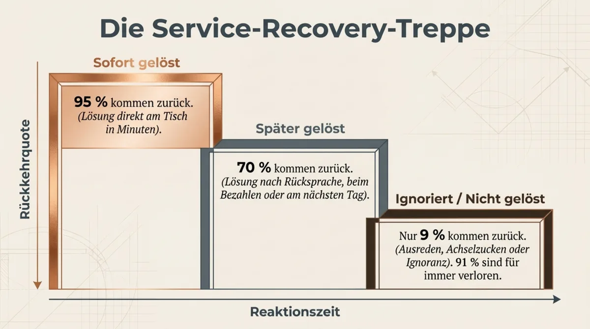 Service Recovery Treppe Restaurant Beschwerdemanagement: sofort 95 Prozent, später 70 Prozent, ignoriert nur 9 Prozent Rückkehrquote