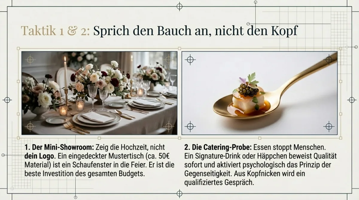 Mini-Showroom mit eingedecktem Hochzeitstisch und Catering-Probe als stärkste Werkzeuge am Messestand