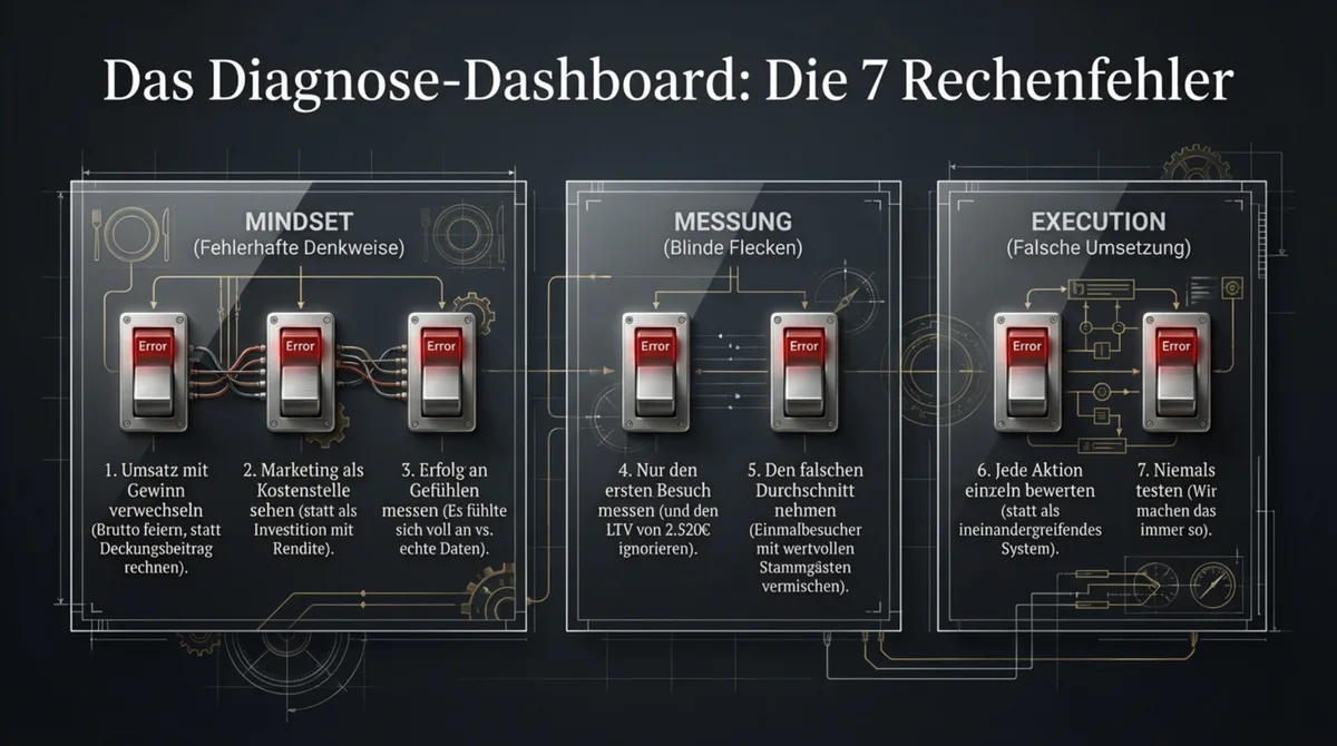 Die 7 häufigsten Rechenfehler im Restaurant-Marketing: Mindset, Messung und Execution Fehler im Diagnose-Dashboard