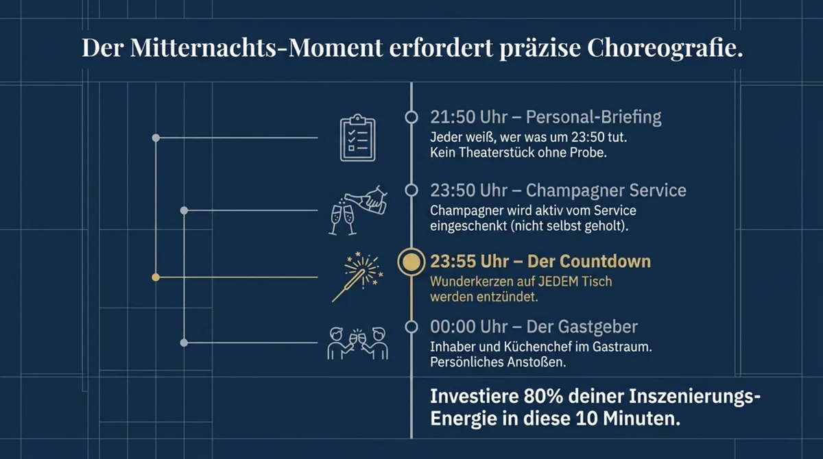 Silvester Mitternacht Ablauf Choreografie 23:55 Countdown Champagner Service
