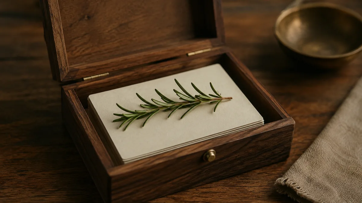 Geöffnete Holz-Kartenbox mit cremefarbenen Karten und einem Rosmarinzweig