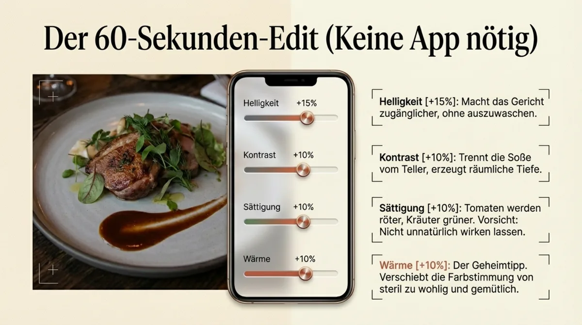 Smartphone Foto-Bearbeitung: Vier Regler Helligkeit Kontrast Saettigung Waerme fuer Speisefotos