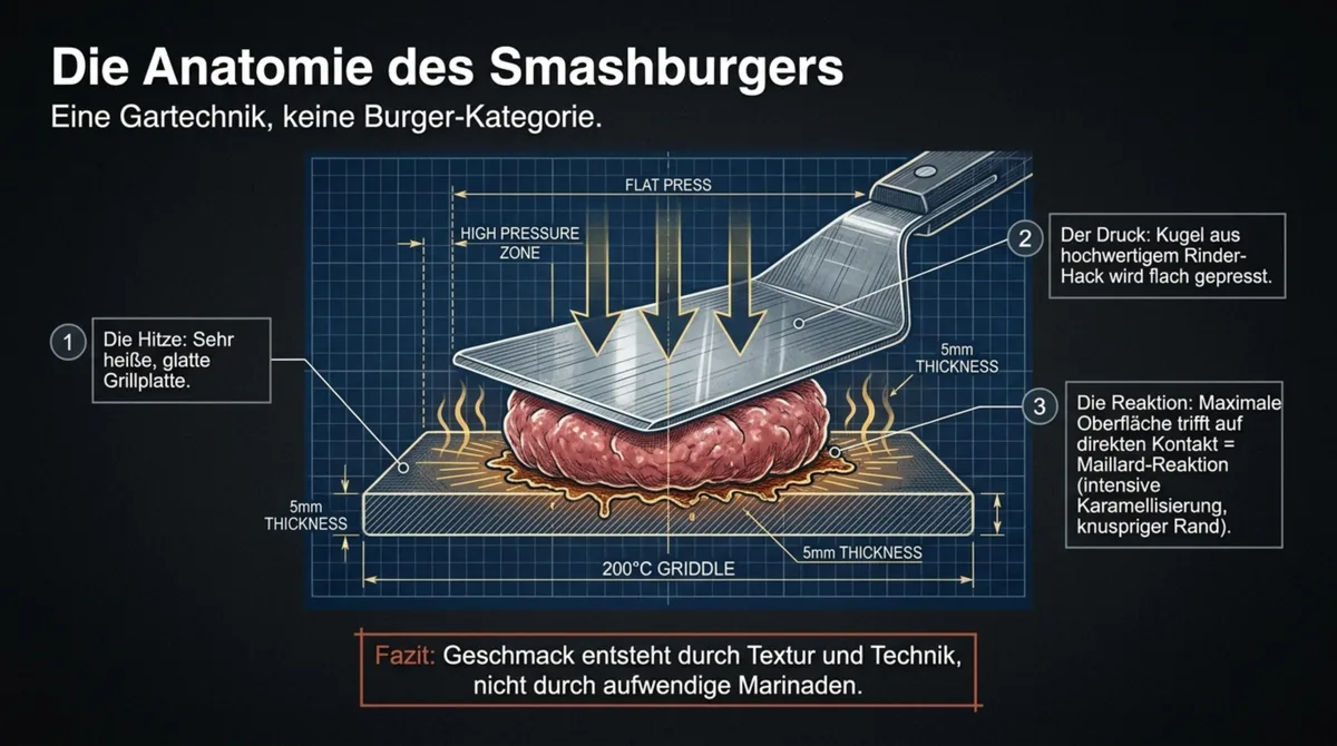 Die Anatomie des Smashburgers: Hochdruckpresse auf 200-Grad-Grillplatte erzeugt maximale Maillard-Reaktion – intensive Karamellisierung und knuspriger Rand