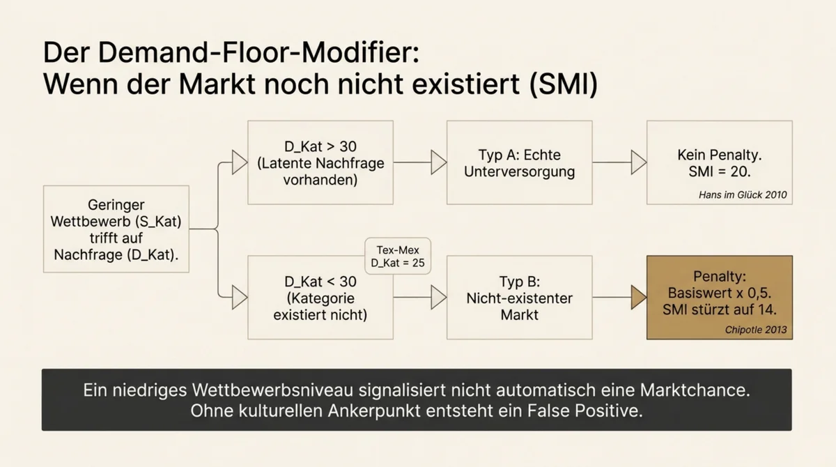 SMI Demand-Floor-Modifier Entscheidungsbaum: Typ A echte Unterversorgung D-Kat über 30 ohne Penalty versus Typ B nicht-existente Kategorie D-Kat unter 30 mit 50-Prozent-Penalty