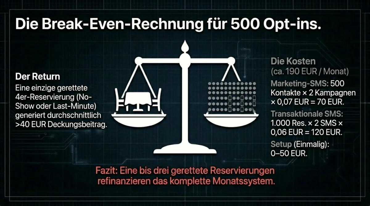 SMS-Marketing Restaurant: Break-Even-Rechnung bei 500 Opt-ins – 190 EUR pro Monat