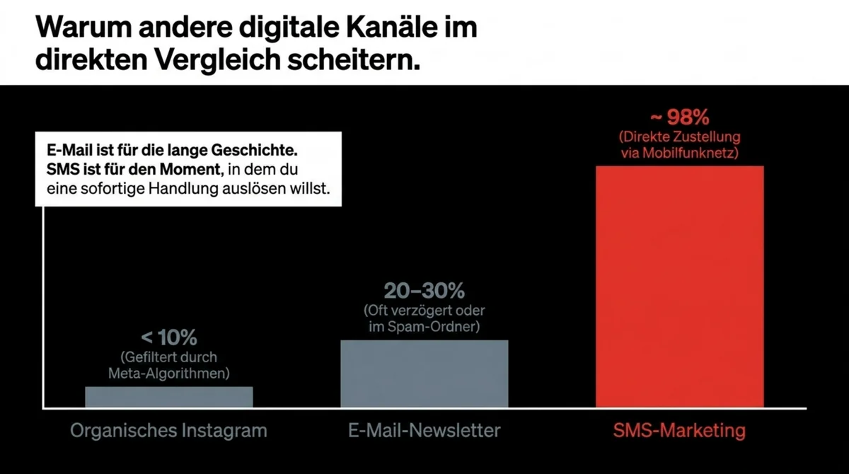 SMS-Marketing Restaurant: 98% Öffnungsrate im Kanal-Vergleich – SMS vs. E-Mail vs. organisches Instagram