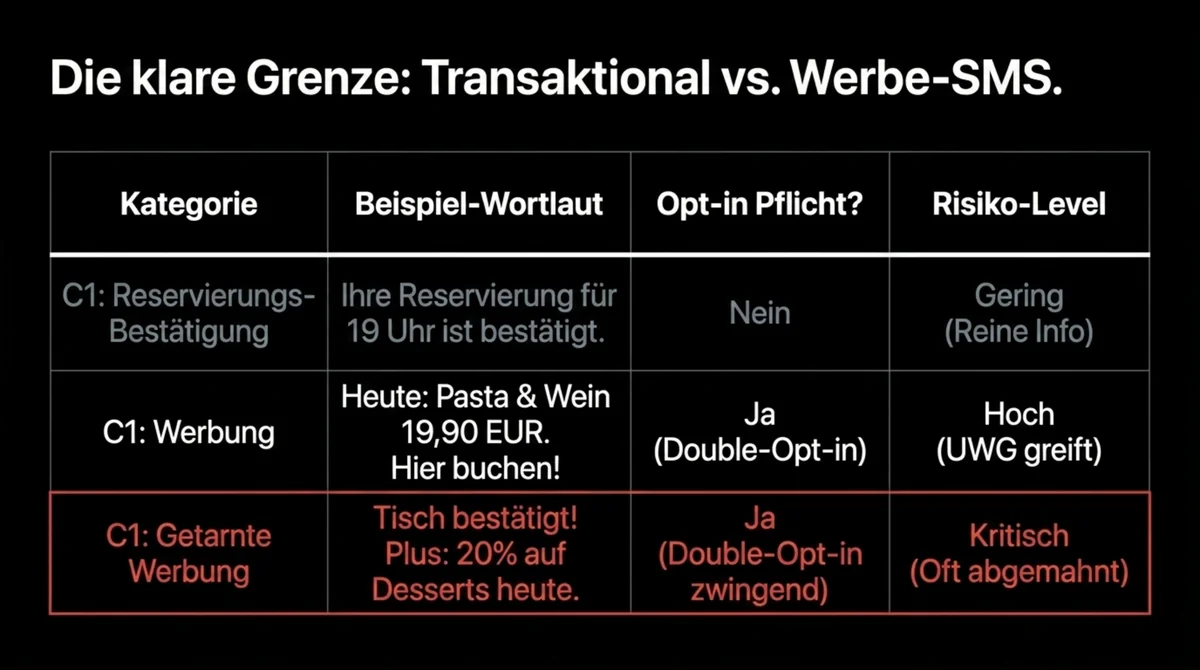 SMS-Marketing Restaurant: Die rote Linie zwischen transaktionaler SMS und Werbe-SMS nach UWG