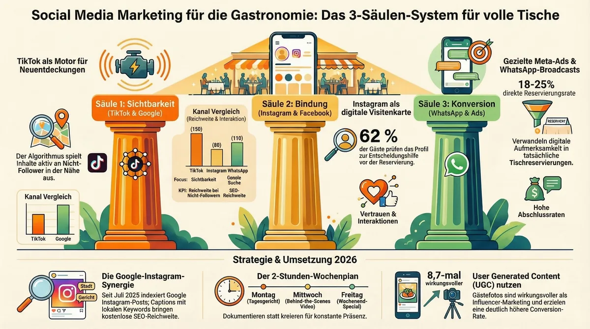 Social Media Marketing für die Gastronomie Infografik: Das 3-Säulen-System für volle Tische mit TikTok, Instagram, WhatsApp und dem 2-Stunden-Wochenplan