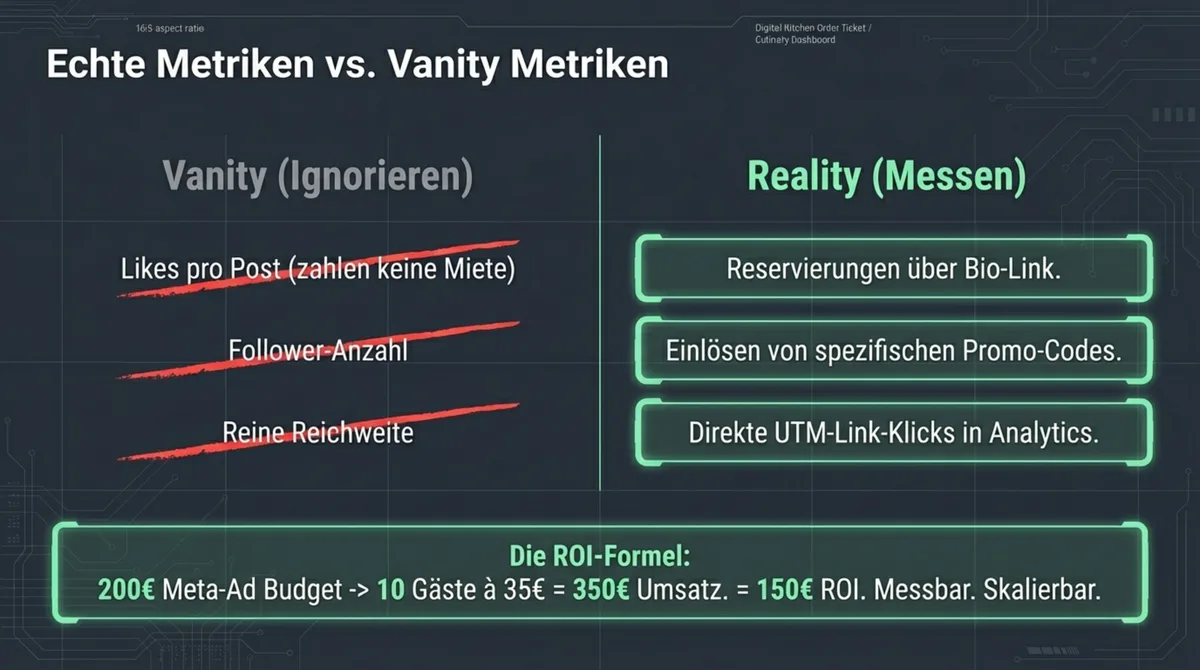 Echte Metriken vs. Vanity Metriken im Restaurant Social Media: Likes und Follower ignorieren, stattdessen Bio-Link-Reservierungen, Promo-Codes und UTM-Link-Klicks messen – ROI-Formel 200 Euro Budget gleich 350 Euro Umsatz