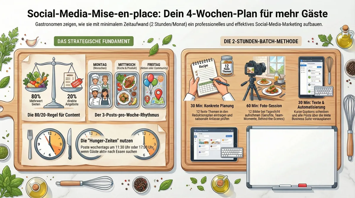 Social-Media-Mise-en-place Infografik: 4-Wochen-Plan, 80/20-Regel, 2-Stunden-Batch-Methode