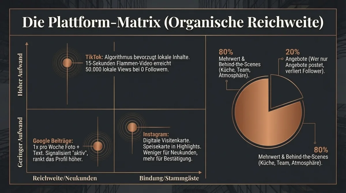 Social-Media-Plattform-Matrix für Restaurants: TikTok für Neukunden, Instagram für Stammgäste, Google Beiträge für SEO-Ranking