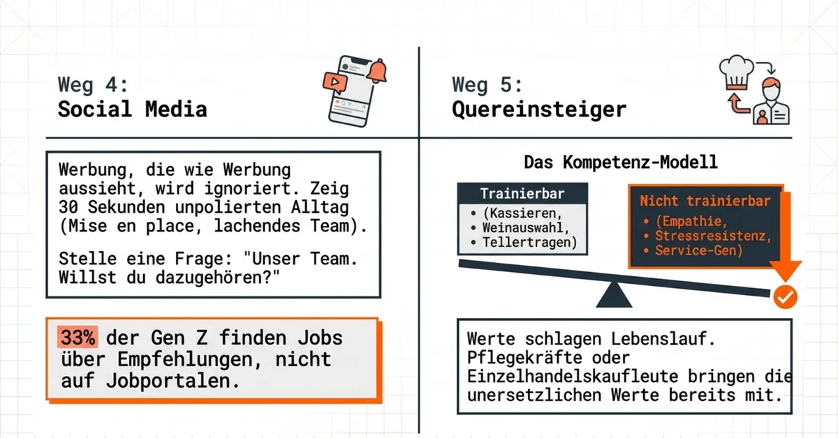 Restaurant-Recruiting Weg 4 Social Media authentisch und Weg 5 Quereinsteiger Kompetenz-Modell – Fähigkeiten trainierbar, Werte nicht
