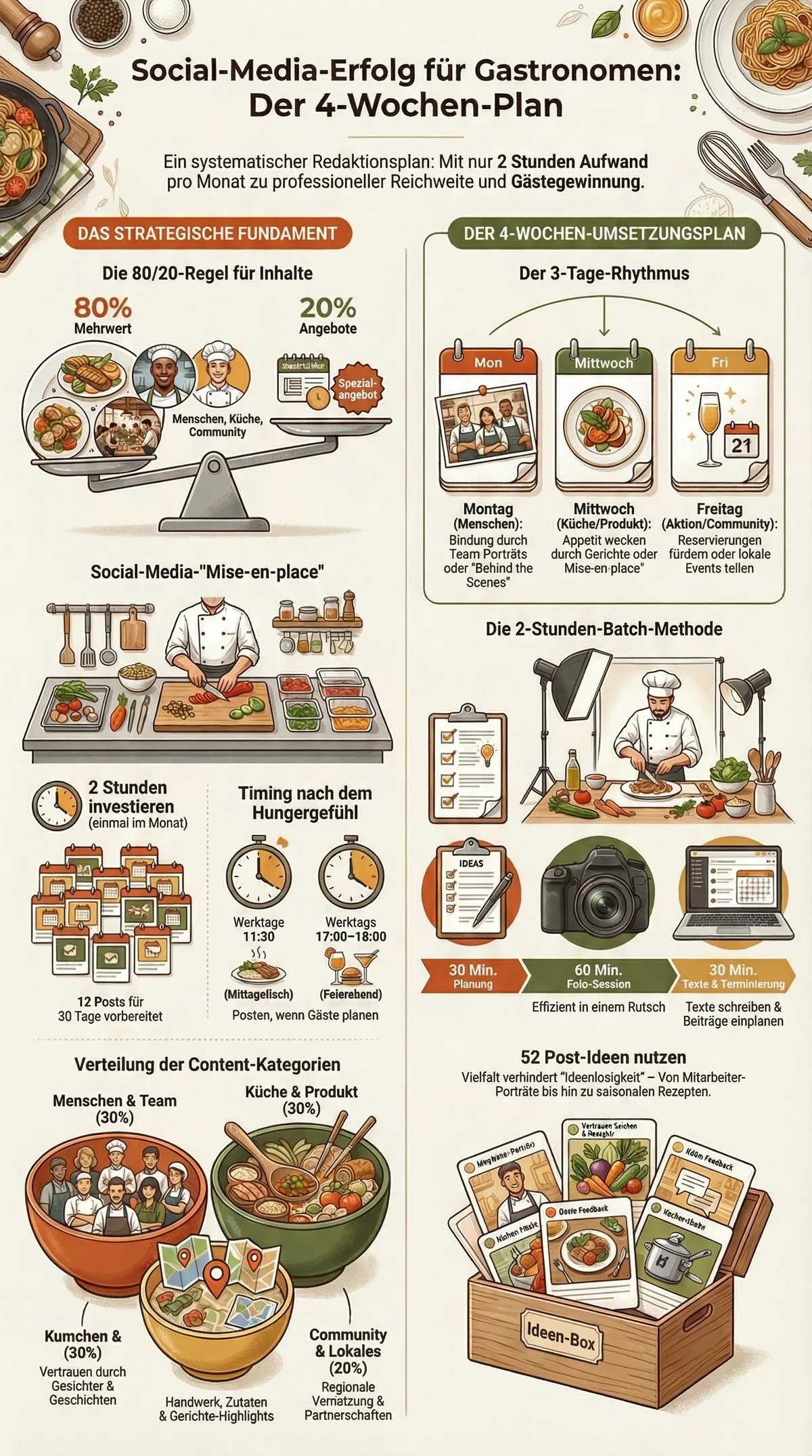 Komplette Infografik Social-Media-Redaktionsplan Gastronomie: 4-Wochen-Plan, Batch-Methode, Content-Kategorien