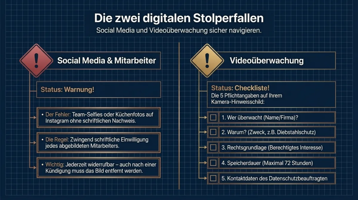 Die zwei digitalen Stolperfallen: Social Media Mitarbeiterfotos brauchen schriftliche Einwilligung, Videoüberwachung braucht 5 Pflichtangaben