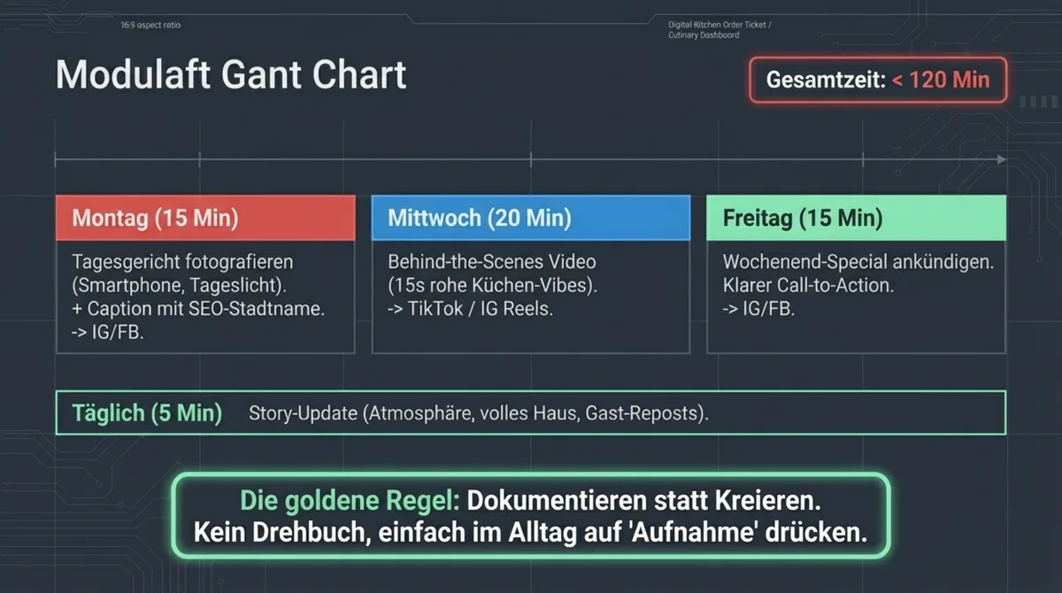 Der 2-Stunden-Wochenplan für Restaurant Social Media: Montag 15 Minuten Tagesgericht fotografieren, Mittwoch 20 Minuten Behind-the-Scenes Video, Freitag 15 Minuten Wochenend-Special, täglich 5 Minuten Story-Update