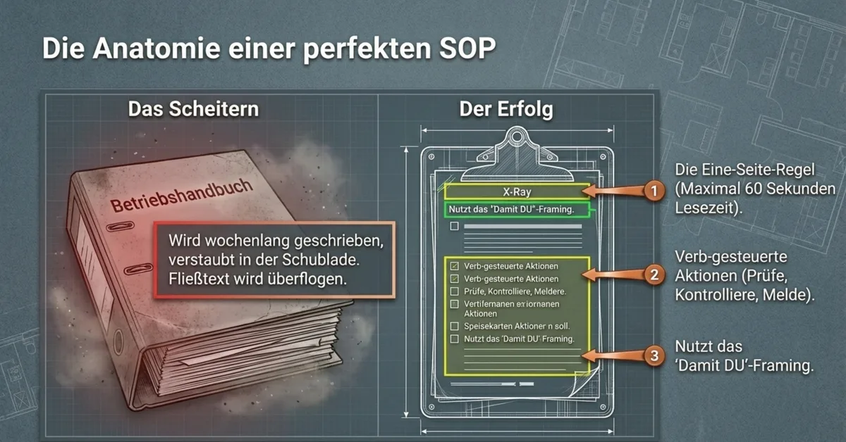 SOP Anatomie: 40-Seiten-Betriebshandbuch scheitert, 1-Seiten-Checkliste funktioniert