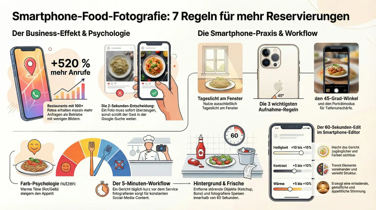 Infografik: 7 Regeln fuer Smartphone-Food-Fotografie im Restaurant mit mehr Reservierungen