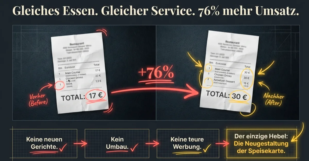 Vorher-Nachher-Vergleich: Durchschnittsbon von 17€ auf 30€ gesteigert — 76% mehr Umsatz durch Speisekarten-Neugestaltung, ohne neue Gerichte oder Umbau