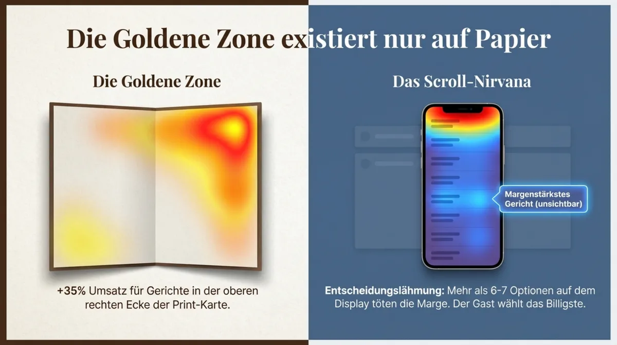 Die Goldene Zone auf der gedruckten Speisekarte oben rechts versus das endlose Scrollen auf dem Smartphone — Papier steuert den Blick gezielt