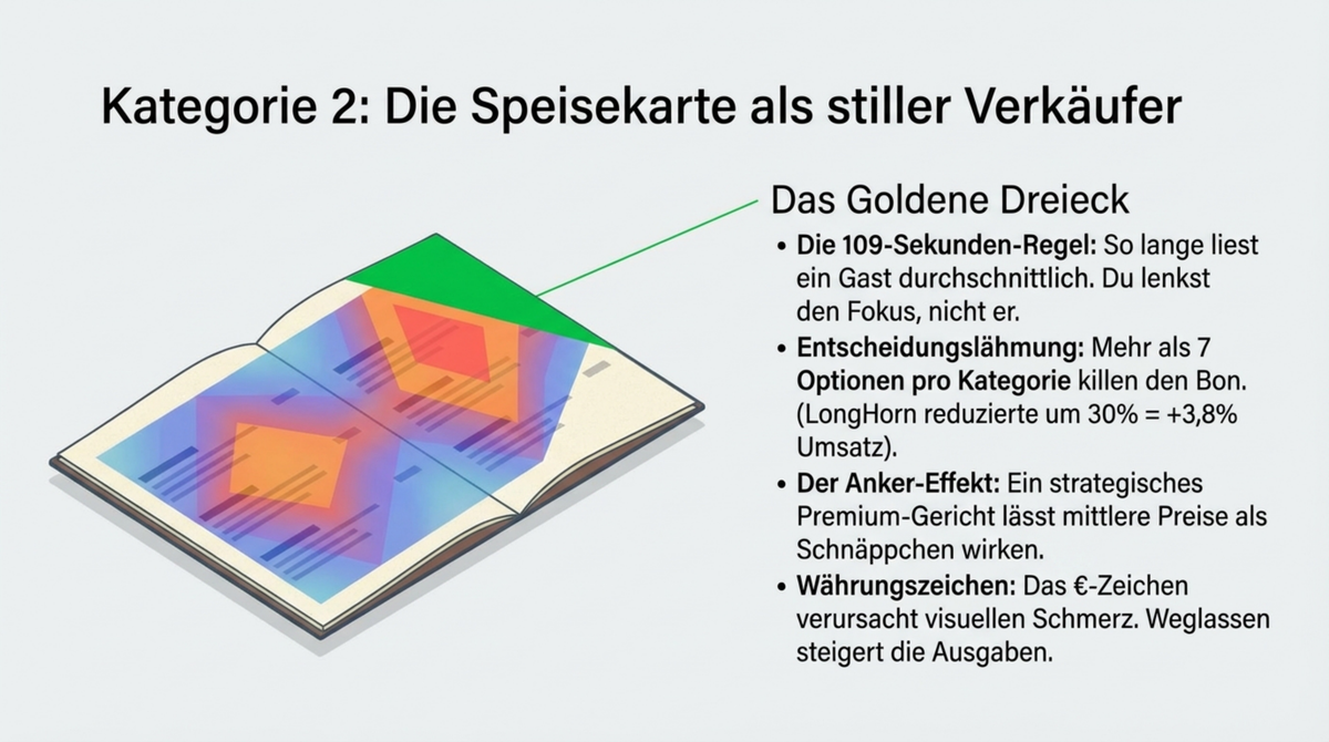 Das Goldene Dreieck der Speisekarte: 109 Sekunden Lesezeit, max 7 Optionen pro Kategorie, Anker-Effekt durch Premium-Gericht, Euro-Zeichen weglassen