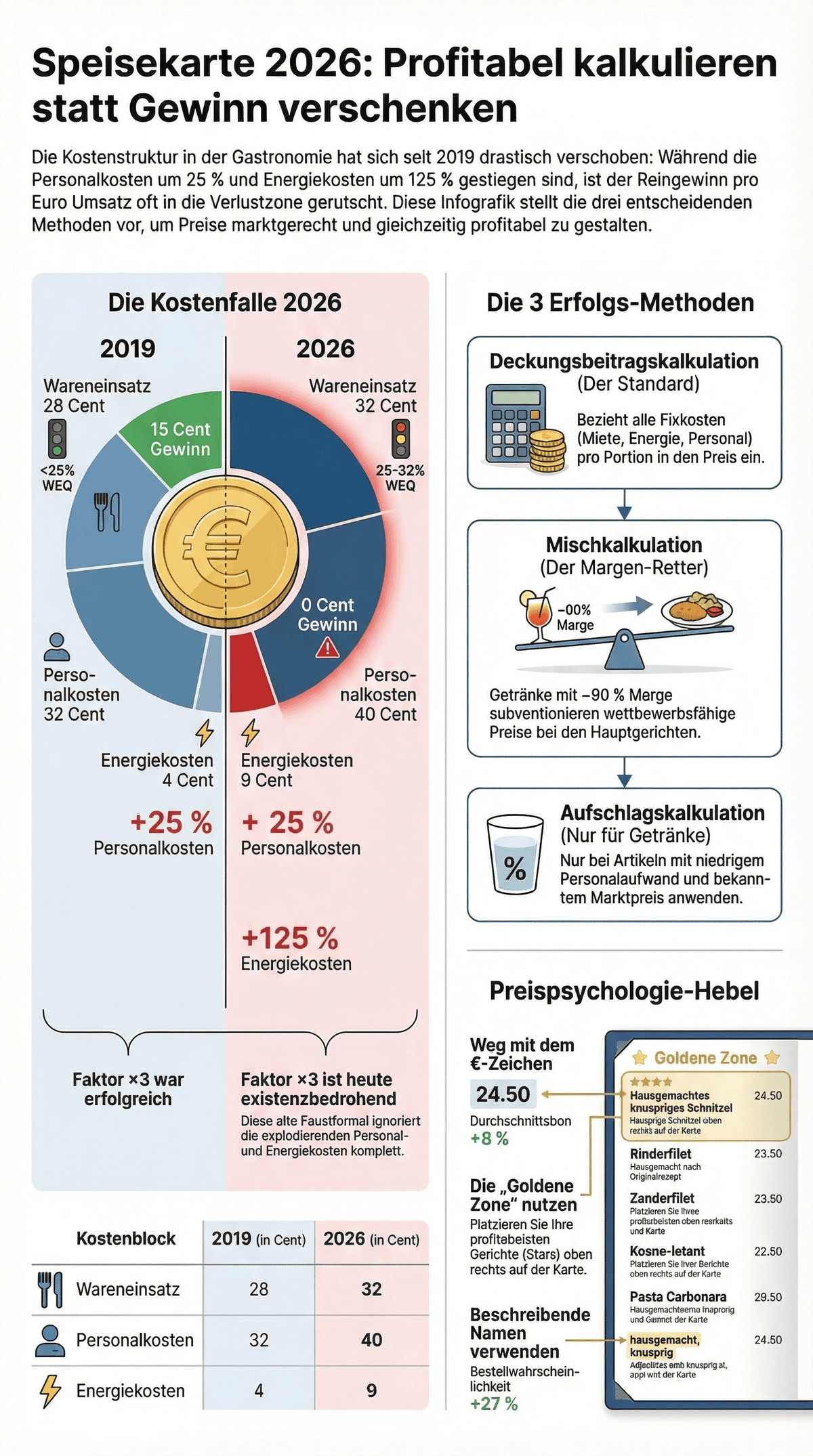 Infografik Speisekarte Preise berechnen 2026: Die Kostenfalle mit Faktor 3, die drei Kalkulationsmethoden Aufschlagskalkulation Deckungsbeitragskalkulation und Mischkalkulation sowie Preispsychologie-Hebel im Überblick