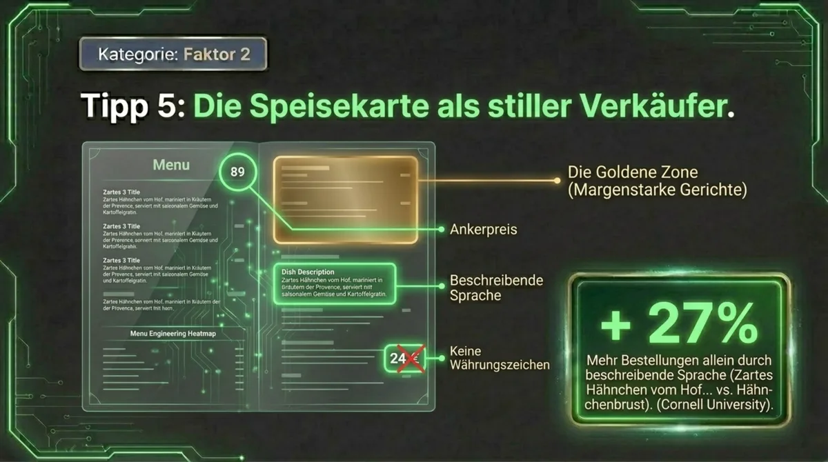 Speisekarte Menu Engineering Restaurant: Goldene Zone, Ankerpreise und beschreibende Sprache steigern Bestellungen um 27 Prozent