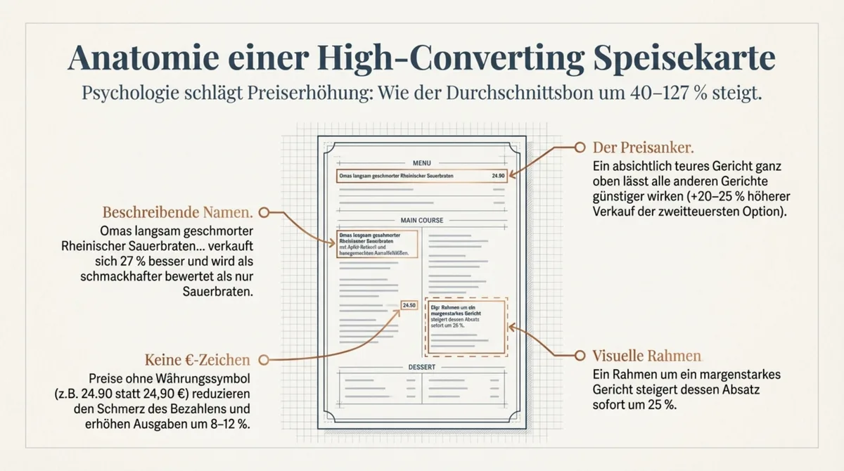 Anatomie einer High-Converting Speisekarte: Preisanker, beschreibende Menünamen und visuelle Rahmen steigern den Durchschnittsbon