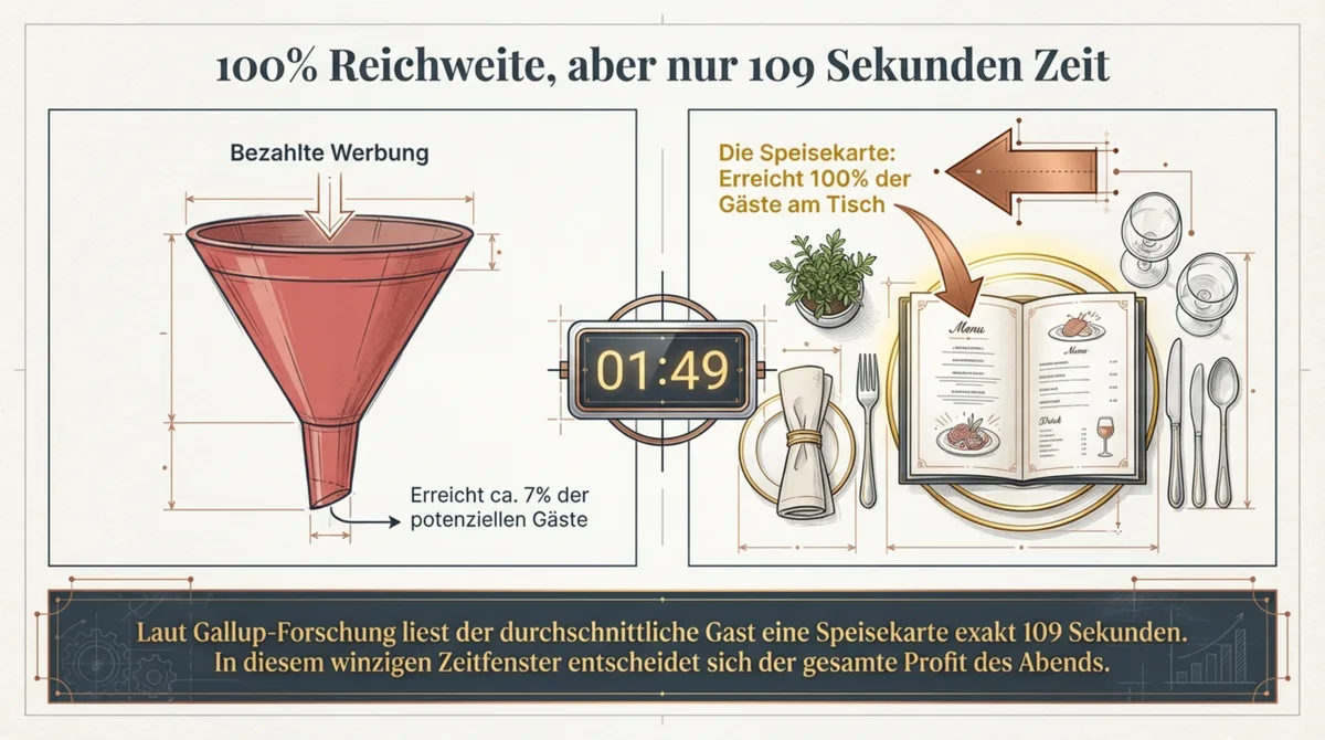 Speisekarte vs. bezahlte Werbung: 100% Reichweite bei 109 Sekunden Lesezeit