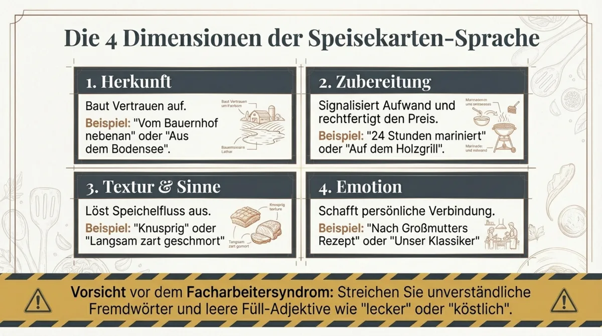 4 Dimensionen der Speisekarten-Sprache: Herkunft, Zubereitung, Textur und Emotion