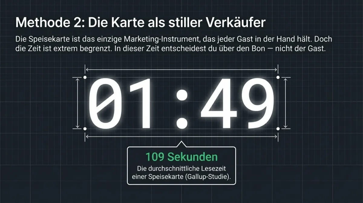 Die Speisekarte als stiller Verkäufer: 109 Sekunden durchschnittliche Lesezeit laut Gallup-Studie — in dieser Zeit entscheidest du über den Bon